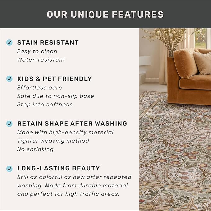 Hazo Haus Non Slip 2x7 Moss Green Hallway Runner - Long Runner Rugs for Bathroom, Washable Kitchen Floor Mat, Bedroom Bedside - Brown Earthy Vintage Floral Décor