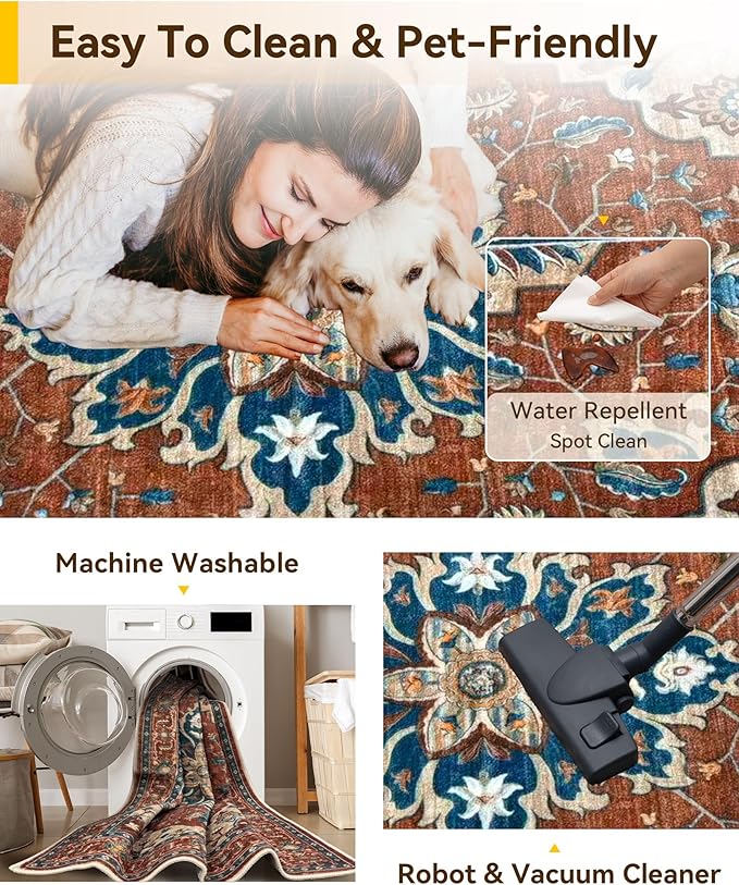 Area Rugs 6'x9' Washable Non-Slip, Floral Vintage Distress Print Pattern Medallion Carpet for Living Room Bedroom Dining Room, Red Orange Blue Brown