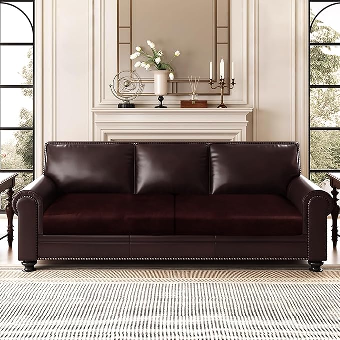 Leather Look Couch Cushion Covers Sofa Seat Slipcovers Sets Couches Furniture Protector for Sectional Armchair Loveseat Pets Kids Stretch Spandex Fabric (2 Cushion Sofa, Burgundy)