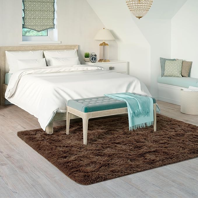 Goideal Fluffy Rug for Bedroom Living Room, 6x9 Brown Area Rugs, Faux Fur Shag Modern Carpet Ultra Soft Girls Boys Room Home Decor, Solid