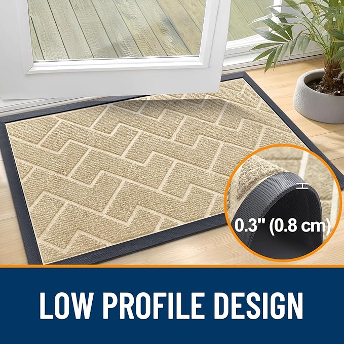 OLANLY Front Door Mat Indoor Outdoor Entrance, Waterproof All-Season, All-Weather Doormat, Sturdy Natural Rubber, Low Profile, Easy Clean Patio Porch Entryway Mat, Herringbone Brick (Beige, 29.5x17)
