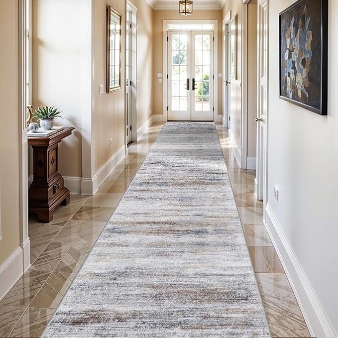 2x12 Washable Runner Rugs for Hallway: Long Abstract Runners for Entryway Dining Room Office - Stain and Water Resistant Rugs with Non-Slip Backing - Soft Low-Pile Carpet Beige Grey