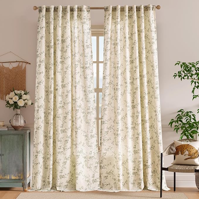 Lazzzy Farmhouse Linen Curtains Green Floral Curtains 96 Inch Length Back Tab Drapes for Living Room Bedroom Light Filtering Country Vintage Rod Pocket Curtain, 2 Panels, Green on Beige