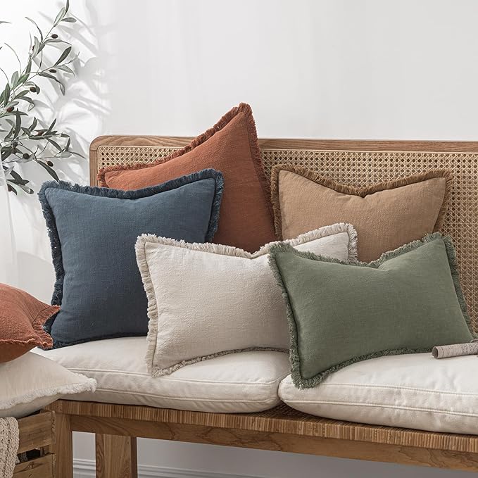 MIULEE Decorative Throw Pillow Covers Neutral Linen Fringe Throw Pillows Set of 2 Indigo Blue Boho Farmhouse Cushion Covers Coastal Decor for Couch Sofa Bed Living Room Spring Decor 26x26 Inch