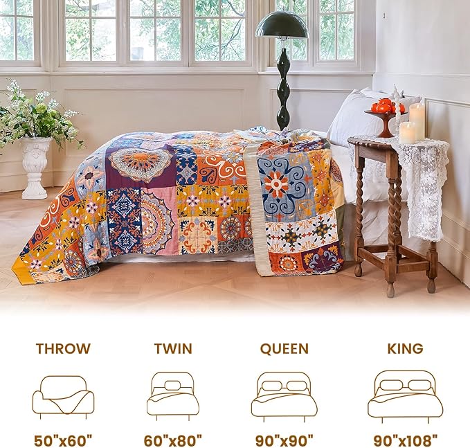 MSGKV Boho Throw Blanket for Bed 90"x108" 100% Cotton Blanket Spring Breathable Lightweight King Size Blankets Home Decor Muslin All Seasons