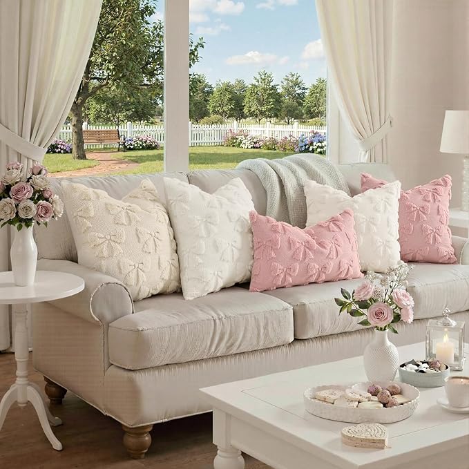 decorUhome Pink Bow Pillow Covers Set of 2 Coquette Aesthetic Cute Preppy Plush Faux Pillowcases for Girly Bedroom or Couch 18x18 Inch