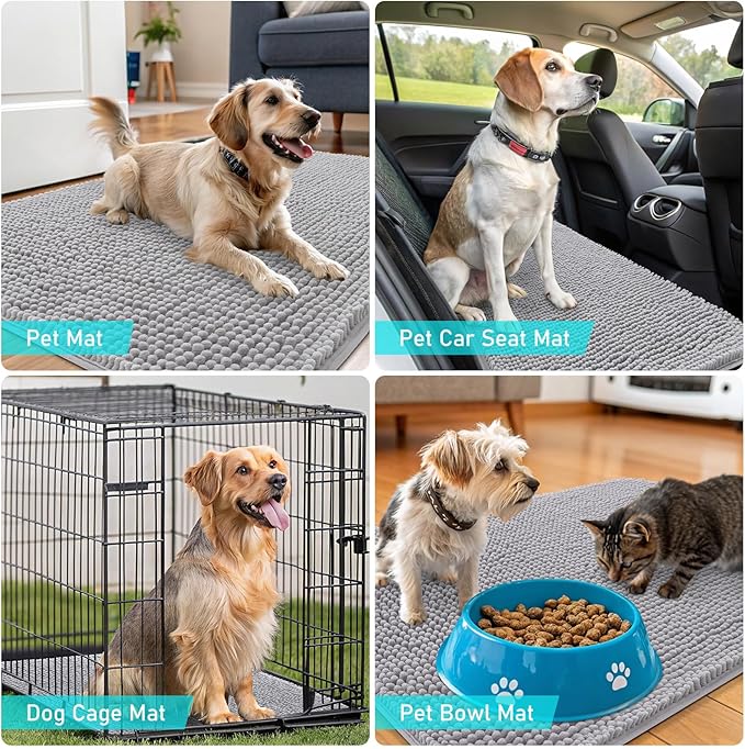OLANLY Dog Door Mat for Muddy Paws 30x17, Absorbs Moisture and Dirt, Absorbent Non-Slip Washable Doormat, Quick Dry Chenille Mud Mat for Dogs, Entry Indoor Entryway Carpet for Inside Floor, Light Grey