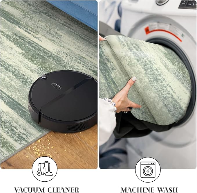 Lansny Modern Abstract Runner Rug 2x5, Sage Green Grey Washable Kitchen Runner Entryway Rug Mat Non-Slip Soft Hallway Rug Runner Thin Print Faux Wool Carpet for Bedroom Laundry Room Indoor