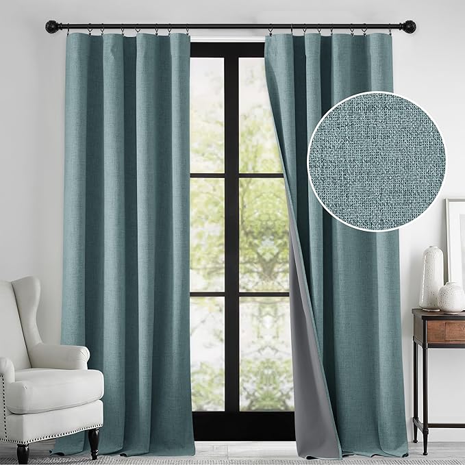 RYB HOME 100% Blackout Linen Textured Curtains 108 inches Long, Thermal Insulating Privacy Energy Saving for Bedroom Living Room Window Office Theater Baby Nursery, W 52 x L 108 in, Misty Blue, 2 Pcs