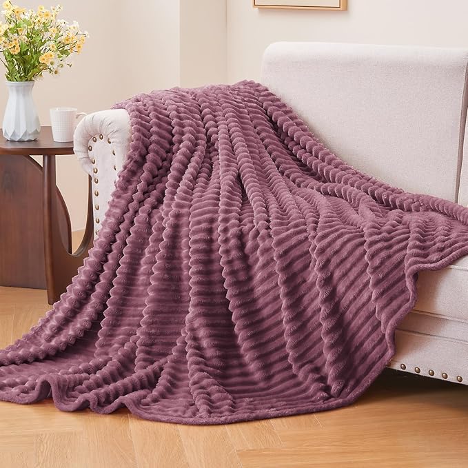 BEDELITE Fleece Throw Blanket for Couch – 3D Ribbed Jacquard Soft and Warm Decorative Fuzzy Blanket – Cozy, Fluffy, Plush Lightweight Plum Throw Blankets for Bed, Sofa, 50x60 inches