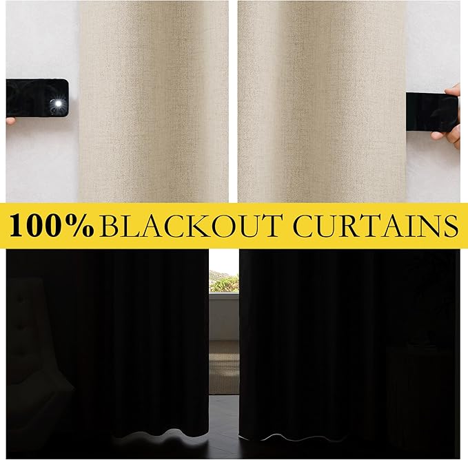 NICETOWN Cream 100% Blackout Linen Curtains 84 inch Long Burg for Living Room, 1 Pair, 62" Width Each Panel, Farmhouse Thick Completely Blackout Window Treatment Thermal Insulated Drapes