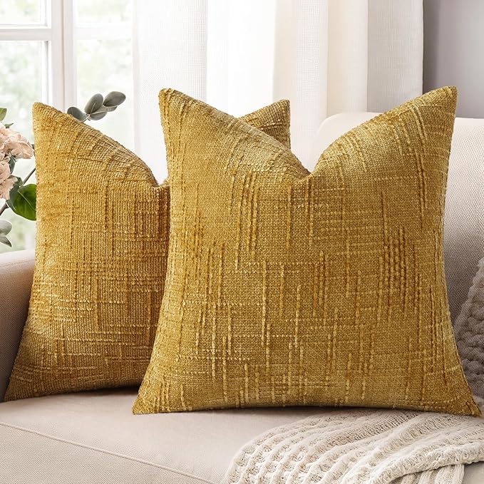 decorUhome Summer Mustard Yellow Chenille Euro Sham Throw Pillow Covers 22x22 Set of 2 Textured Cozy Slubby Couch Pillow Covers Modern Farmhouse Boho Decorative Pillow Cases for Bed Sofa Living Room