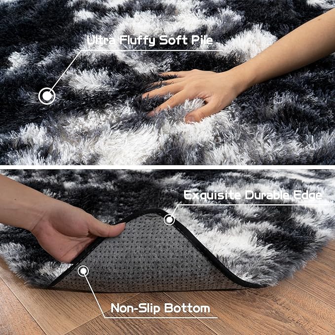 Pionblank 8x10 Rug for Living Room, Fuzzy Plush Large Area Rug, Fluffy Modern Shag Non Slip Soft Furry Carpet for Bedroom Kids Room Nursery Teens Dorm Home Decor, Black White