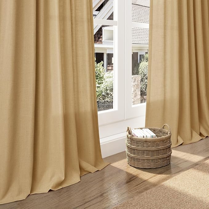 Gold Yellow Linen Curtains 102 Inches Long Rod Pocket Back Tab Drapes 2 Panels Set for Living Room Sheer Light Filtering Semi Sheer Gold Yellow Curtain 102 Length for Patio Sliding Glass Door 52x102