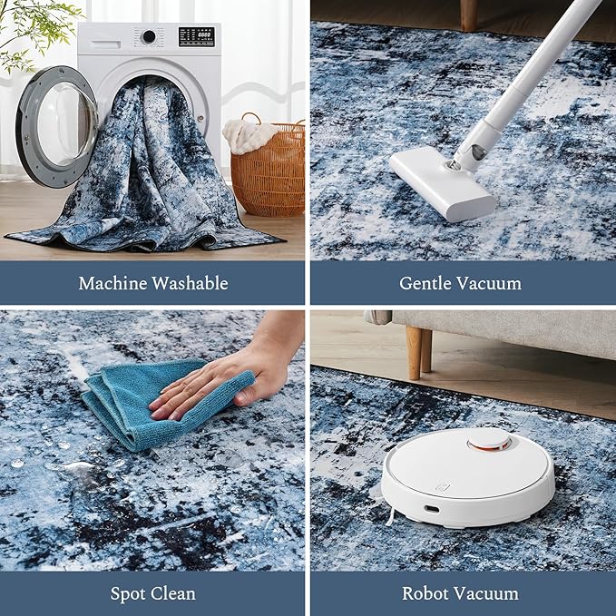 Rugflix Round Area Rugs 4Ft for Living Room, 4x4 Washable Rug Stain-Resistant Low Pile, Modern Dark Carpet for Dining Room Home Office Kid Room Nursery Bedroom, Navy Blue/Black