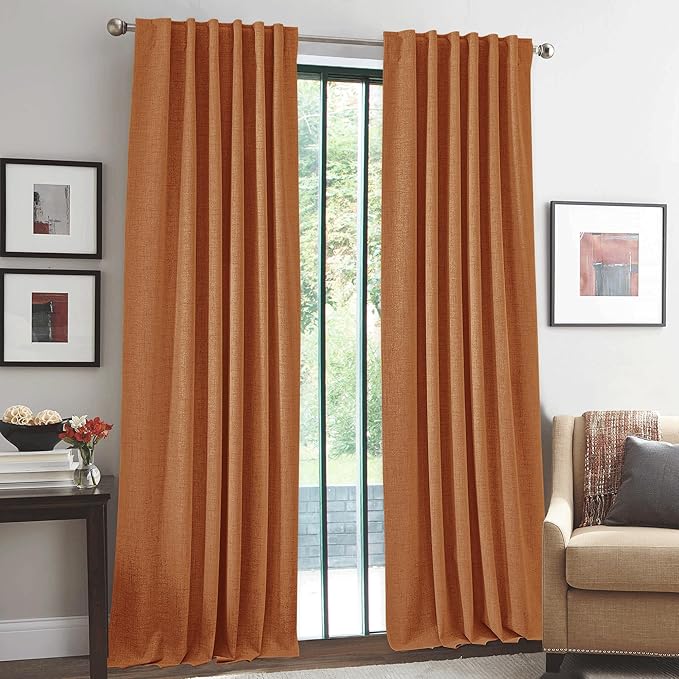 RYB HOME Burnt Orange Total Blackout Curtains Linen Texture, Fall Curtains for Bedroom/Living Room/Sliding Door, Thermal Insulated Boho Farmhouse Home Decor, Luxury Privacy Drapes, W52xL96, 2 Panels