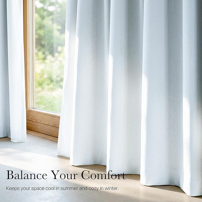 NICETOWN Farmhouse 100% Blackout Linen Curtains for Bedroom, Off White, W52, 2 Pieces, Noise Reducing Textured Linen Look 90 inch Length Curtains for Living Room