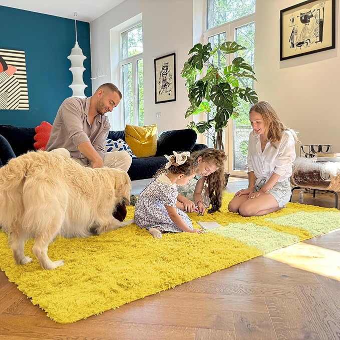 OLANLY Area Rugs for Living Room Bedroom, Machine Washable 4x5.9 ft Soft Fluffy Shaggy Bedside Rug, Indoor Floor Carpet for Kids Girls and Boys, Dorms, Nursery Rooms, Home Decor Aesthetic, Yellow