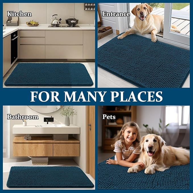 OLANLY Dog Door Mat for Muddy Paws 40x32, Absorbs Moisture and Dirt, Absorbent Non-Slip Washable Doormat, Quick Dry Chenille Mud Mat, Entry Indoor Entryway Carpet for Inside Floor, Atlantic Blue