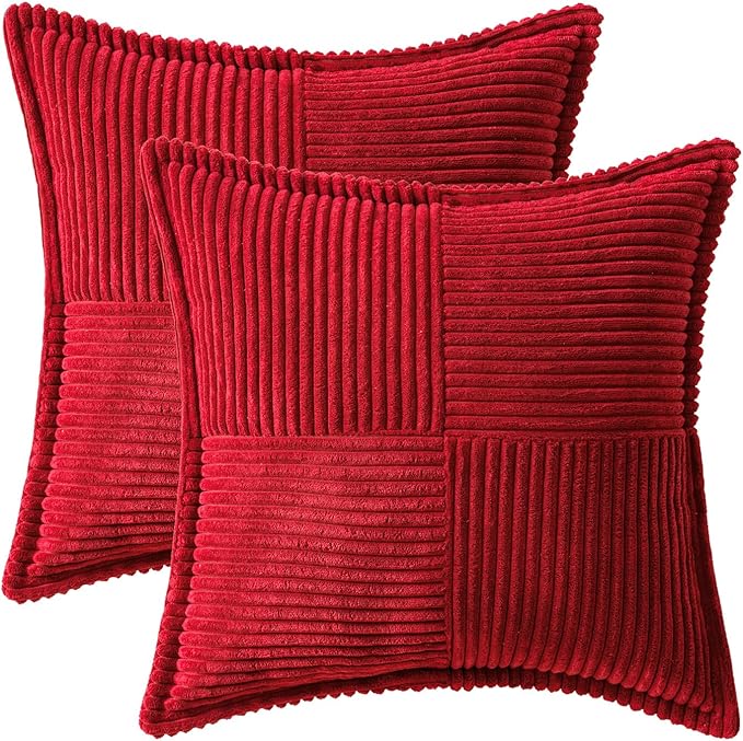 MIULEE Decorative Throw Pillow Covers for Couch Bed Livingroom 18x18 Inch Set of 2 Red Boho Accent Throw Pllows Broadside Striped Patchwork Soft Corduroy Pillowcases