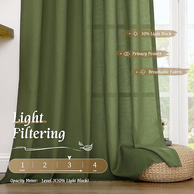 LAMIT Linen Blended Curtains 84 inch for Living Room, Linen Textured Light Filtering Drapes Rod Pocket Boho Panels for Farmhouse/Living Room, 2 Panels, 52 x 84 Inch, Olive Green