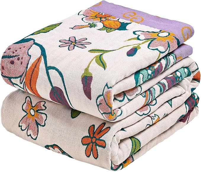 MSGKV Boho Throw Blanket 90"x108" Floral Blanket for Bed 100% Cotton Spring Breathable Lightweight Farmhouse King Blankets All Seasons Home Decor Muslin