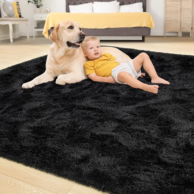 Tepook Super Soft Fluffy Rug for Bedroom, Modern Shaggy Fuzzy Kids Rugs for Living Room, Plush Indoor Nursery Home Decor Dorm Carpet with Non-Slip Bottom, Black, 2 X 3 Feet