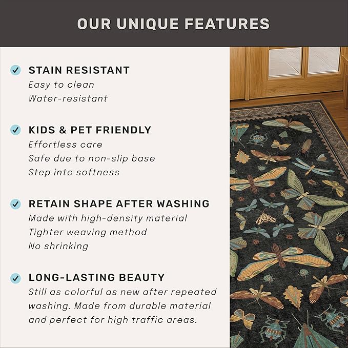 Hazo Haus Washable Black 6ft Round Area Rugs for Bedroom Beside Bed - Dark Unique Insect Print Circle Rug for Living Room, Dining Room, Vintage Nature Insect Design, Low Pile & Soft