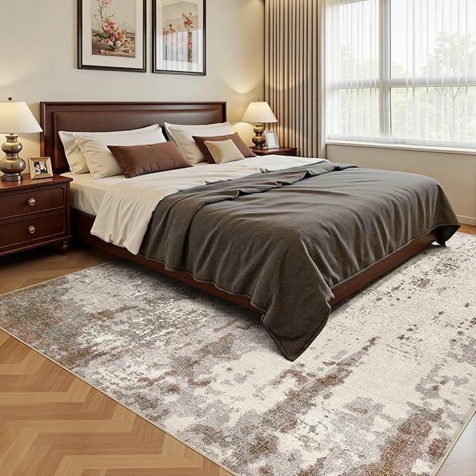 UERMEI Area Rug Living Room Rugs-Washable Neutral Modern Abstract Soft Thin Large Rug Indoor Floor No Slip Rug Carpet for Bedroom Under Dining Table Home Office Decor-Brown/Grey/Beige-7'x 9'