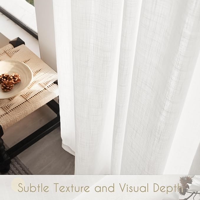 White Linen Curtains 72 inch Long 2 Panel Set for Living Room Back Tab Semi Sheer Light Filtering Bedroom Window Curtain 72 inch Length Cotton Textured Modern Elegant Coastal Drapes 60x72