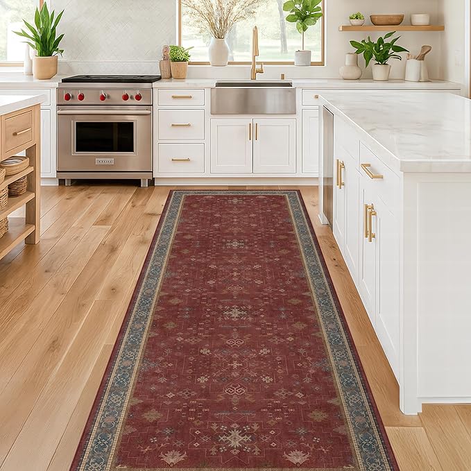 Dark Red 2'6''x8' Wide Hallway Runner Rug - Washable Kitchen Sink Rug, Non Slip 8ft Long Runner Rug for Entryway, Burgundy Turkish Floral Print Home Décor