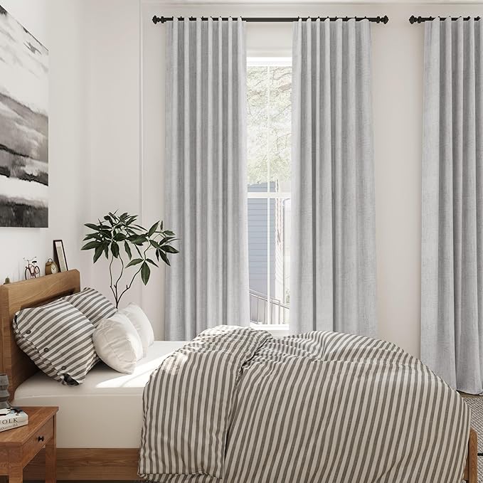 Nanspring Grey Linen Boho Curtains for Bedroom Back Tab Rod Pocket Semi Sheer Curtains 90 Inches Long 2 Panel Set Light Filtering Neutral Farmhouse Lightweight Drapes for Living Room 40x90