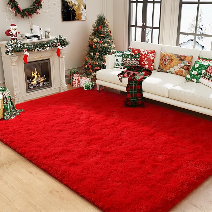 Amearea Premium Soft Fluffy Rug Modern Shag Carpet, 9x12 Feet, Fuzzy Shaggy Rugs for Bedroom Living Room Teen Apartment Decor, Comfortable Indoor Furry Dorm Carpets, Red
