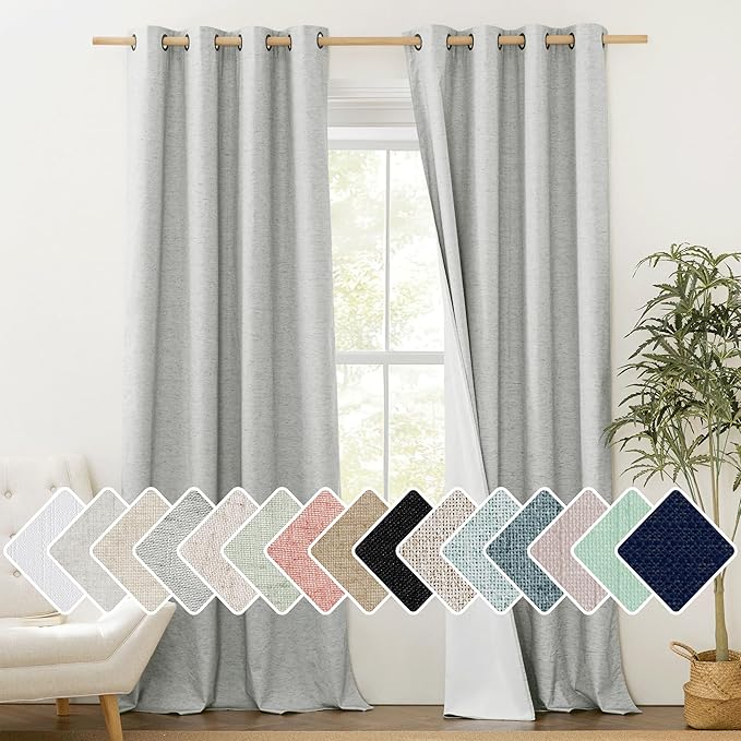NICETOWN Grey Long Linen Full Shade Panels, 52" Wide x 90" Long, Pair of Thermal Insulated & Energy Efficiency Blackout Curtains for Bedroom Windows, Lined Silky Performance Window Dressing