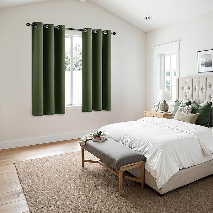 MIULEE Olive Green Blackout Curtains for Bedroom Living Room 63 Inches Long 2 Panels, Thermal Insulated Room Darkening Drapes Solid Grommet Top Noise Reducing Dark Green Window Treatments 40x63 Inch