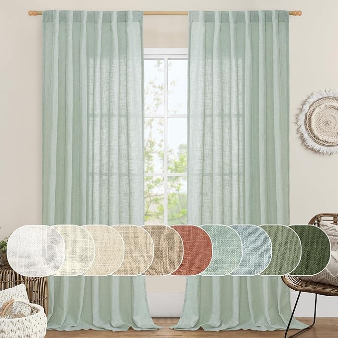 LAMIT Living Room Linen Curtains 95 Inch for Bedroom, Back Tab and Rod Pocket Linen Textured Sheer Curtains Light Filtering Burlap Drapes for Farmhouse, 2 Panels, 52 x 95 Inch, Light Sage