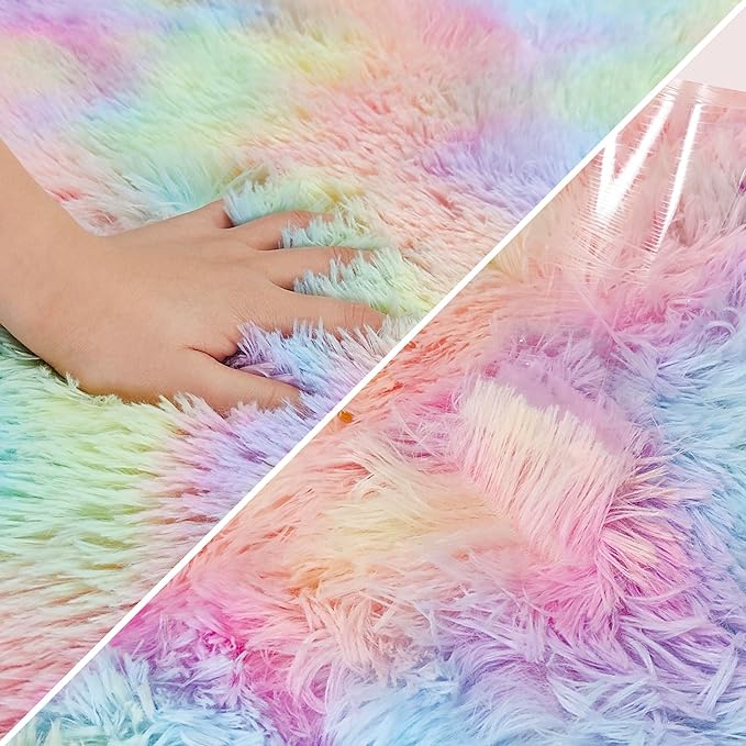 Fluffy Rainbow Rug for Girls Bedroom 2x6 Feet Kawaii Tie Dye Runner Rug Cute Colorful Unicorn Area Rug for Kids Teens Nursery Baby Princess Room Living Room Dorm Home Decor Mat Carpets