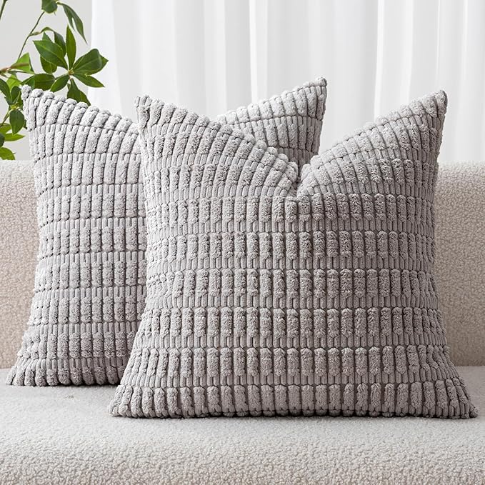 MIULEE Pack of 2 Corduroy Decorative Throw Pillow Covers 16x16 Inch Soft Boho Striped Pillow Covers Modern Farmhouse Home Decor for Sofa Living Room Couch Bed Light Grey