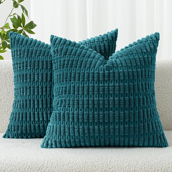 MIULEE Pack of 2 Corduroy Decorative Throw Pillow Covers 20x20 Inch Soft Boho Striped Pillow Covers Modern Farmhouse Home Decor for Summer Coastal Sofa Living Room Couch Bed Teal