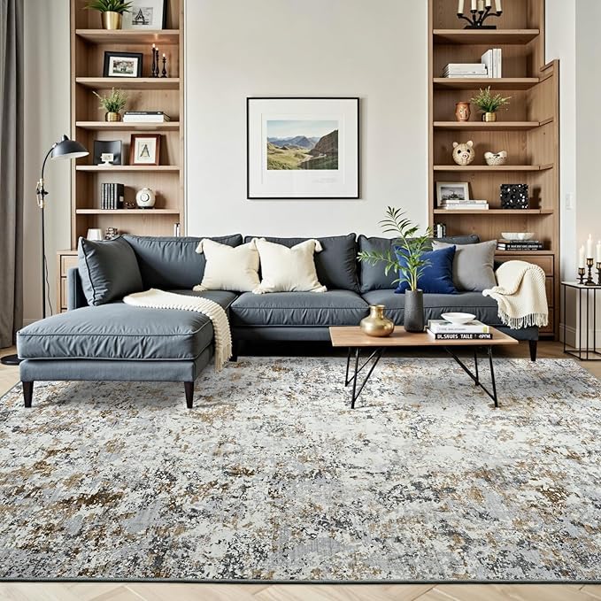 Toneed Abstract Area Rug Modern Washable Rug Soft Non Slip Rug Low Pile for Bedroom Living Room Dining Room Brown/Grey 6x9 Feet