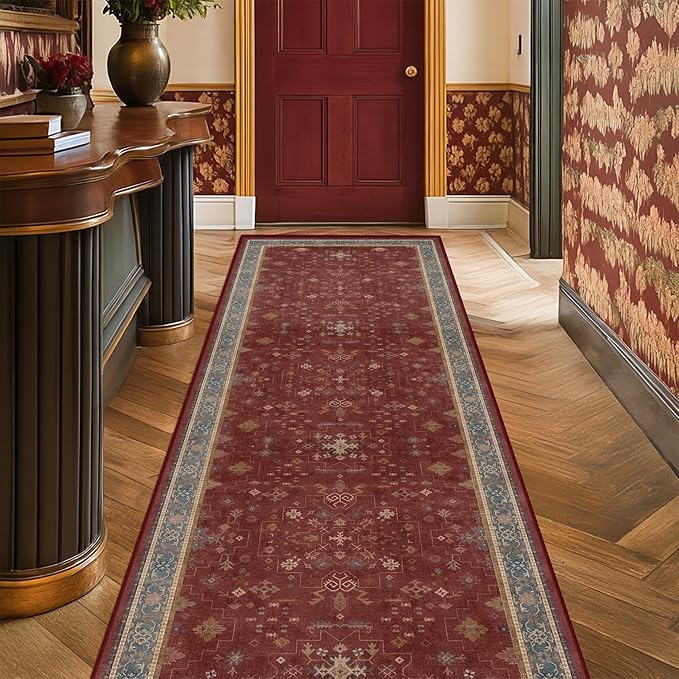 Hazo Haus Non Slip 10ft Long Hallway Runner Rug Burgundy - 2 x 10 Runner Rug, Washable & Waterproof 2x10 Kitchen Floor Mat - Oriental Turkish Dark Red Design Décor