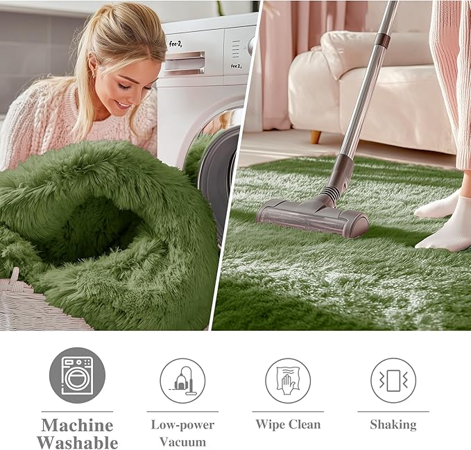 OLANLY Green Round Rugs for Bedroom - Machine Washable, 2 ft Circle Area Rugs for Living Room, Soft and Fluffy Shaggy Carpet for Teen Girl and Boys, Nursery Rooms, Dorms, Home Decor Aesthetic