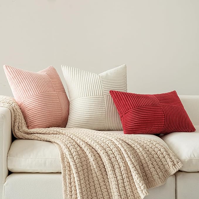 MIULEE Beige Decorative Lumbar Throw Pillow Covers 14x22 Inch for Couch Bed Sofa Pack of 2 Boho Neutral Farmhouse Throw Pillows Soft Cross Corduroy Patchwork Textured Cushion Cases