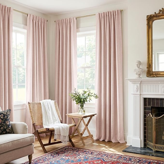 100% Blackout Shield Light Pink Linen Blackout Curtains for Bedroom 84 Inches Long, Back Tab/Rod Pocket Living Room Drapes, Thermal Insulated Blackout Curtains 2 Panels Set, 50" W x 84" L