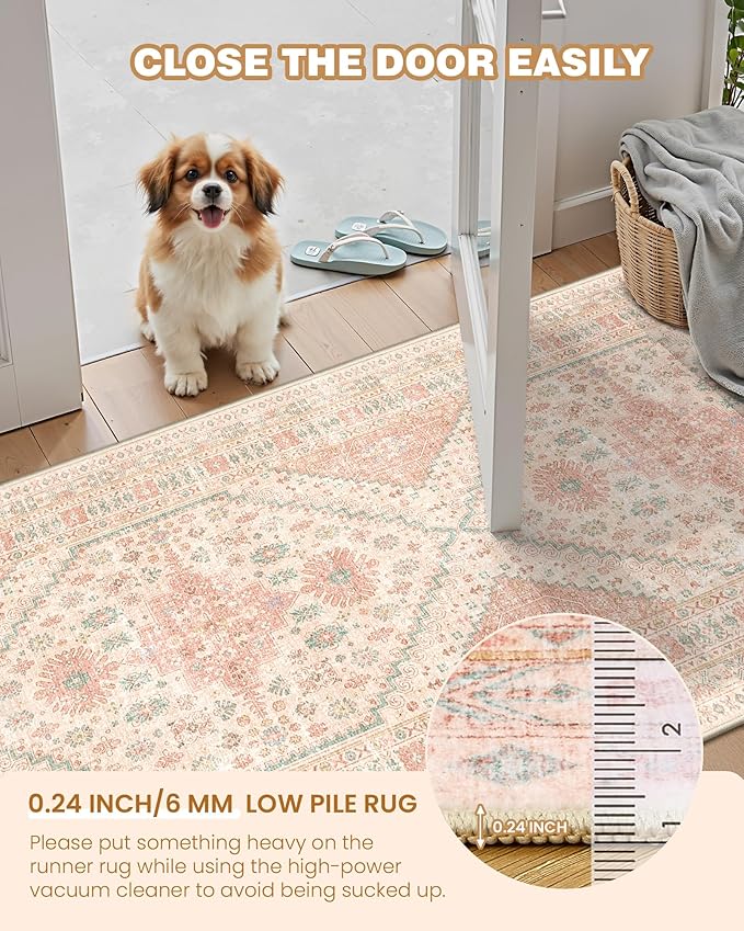Runner Rug 2x10, Ultra-Thin Kitchen Rugs Non Slip Washable Rugs for Entryway Rug, Kitchen Runner Low Pile Vintage Soft Carpets for Living Room, Bathroom Bedroom (Pink,2'x10')