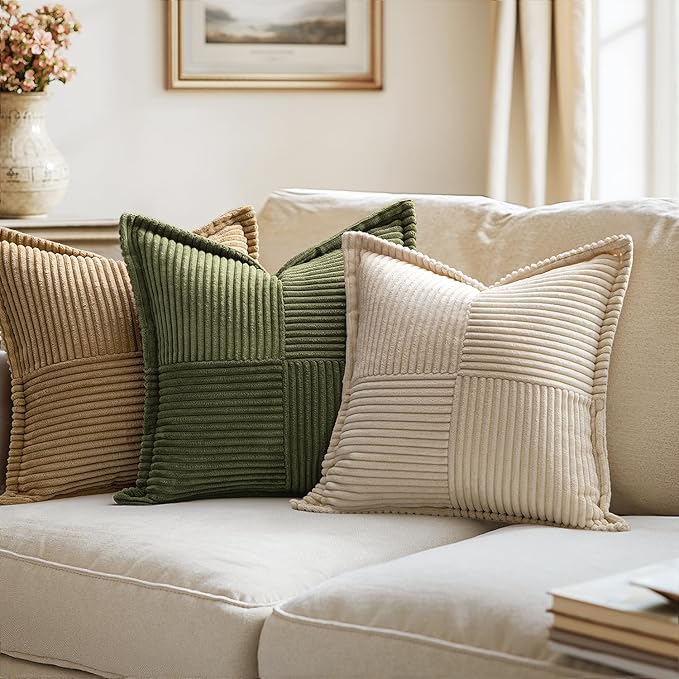 MIULEE Decorative Throw Pillow Covers for Couch Bed Livingroom 20x20 Inch Set of 2 Beige Boho Accent Throw Pllows Broadside Striped Patchwork Soft Corduroy Pillowcases