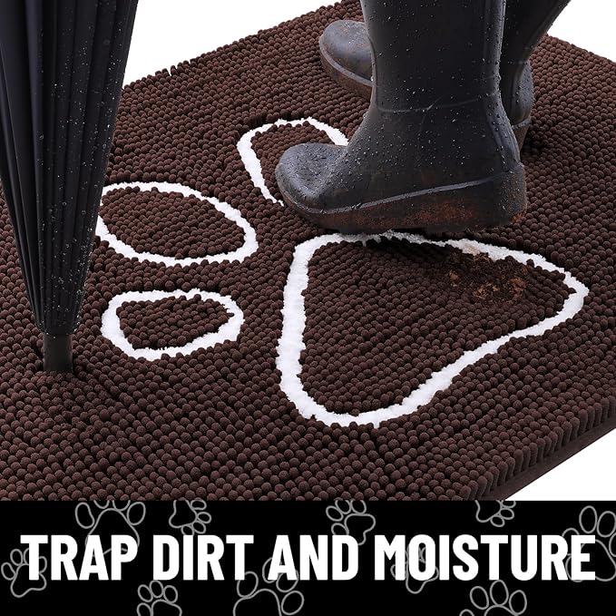 Smiry Dog Door Mat for Muddy Paws, Absorbent Dirt Trapper Non Slip Quick Dry Washable Chenille Mat for Mud Dogs, Entry Rug for Indoor and Outdoor (54x24 Inches, Brown and White)
