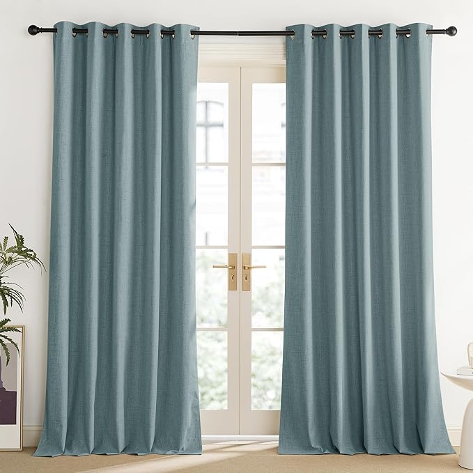 NICETOWN 100% Absolutely Blackout Linen Curtains with Thermal Insulated Liner, Skylark Blue, 62" Wide, 95" Length Energy Saving Curtains for Living Room 2 Panels Set, Vertical Blinds
