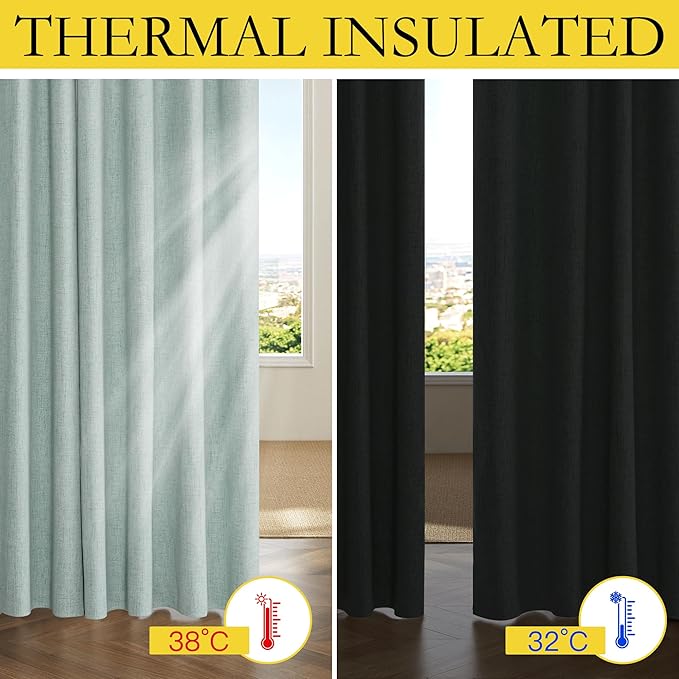 NICETOWN 100% Absolutely Blackout Linen Curtains with Thermal Insulated Liner, Seafoam Green, 42" Wide, 90" Length Energy Saving Curtains for Living Room 2 Panels Set, Vertical Blinds