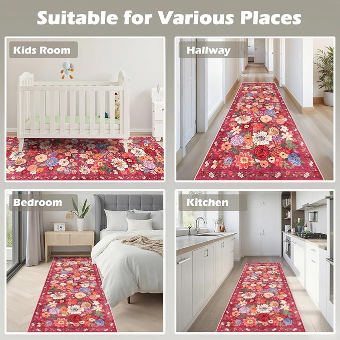 Rug for Hallways Kitchen Rug 2x6, Non Slip Washable Rugs with Rubber Backing Soft Floral Carpet Runner for Hallways, Kitchen, Laundry, Bedroom, Bathroom (2 x 6, Red Garden)